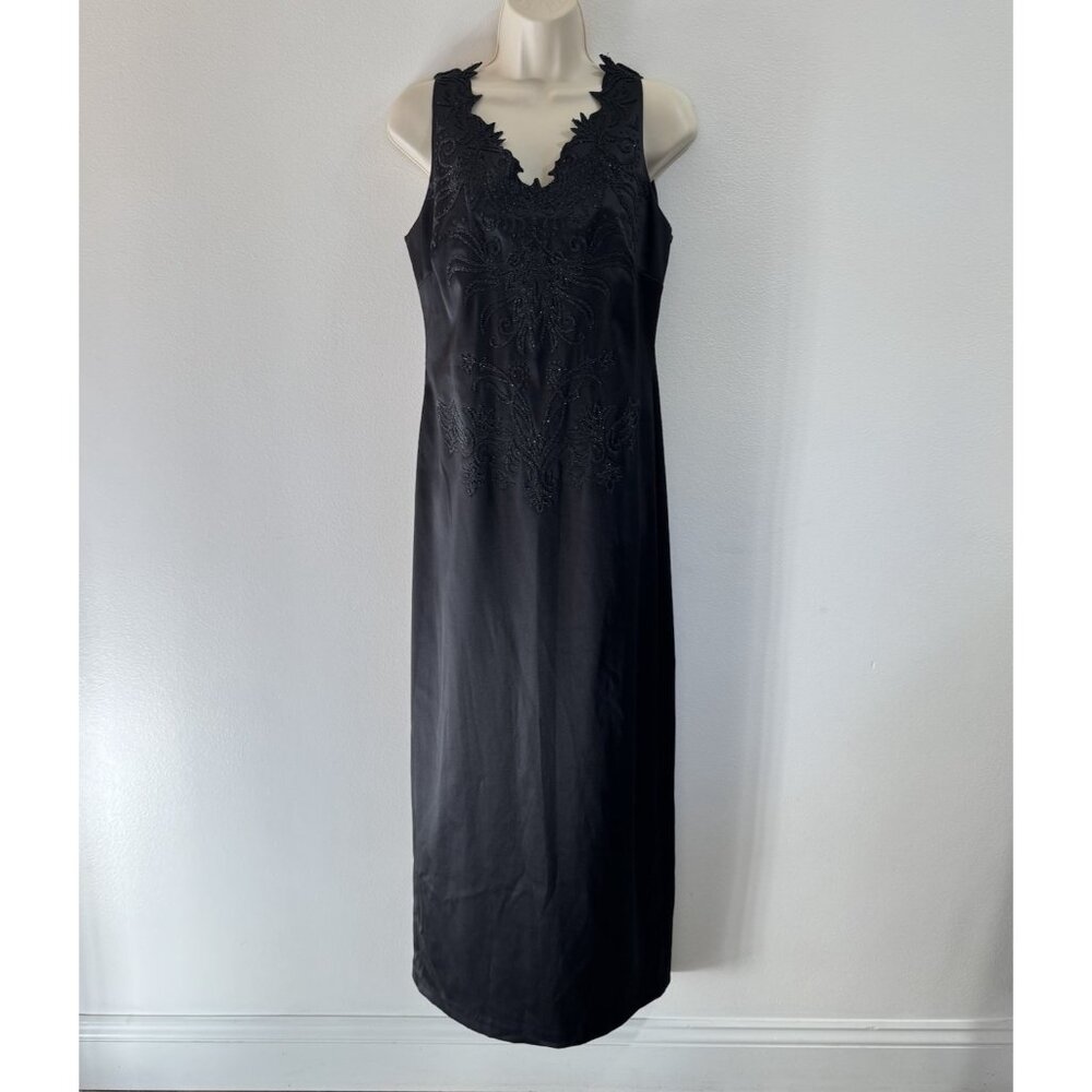 Vintage 90s Y2K Maxi Dress 8 Black Satin Formal Prom Gown Beaded Goth Whimsigoth